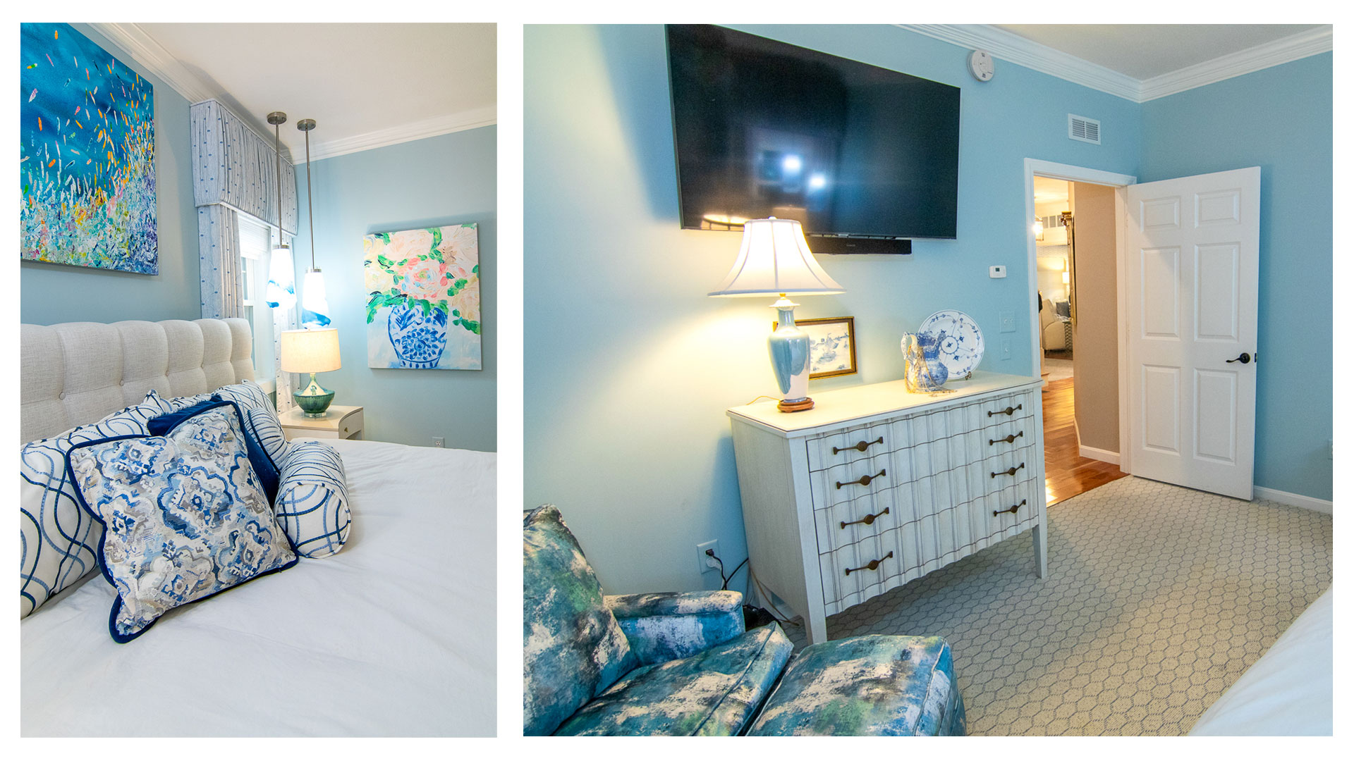 Additional views of the bedroom showing ocean themed wall art, decorative blue and white pillows, and a white dresser.