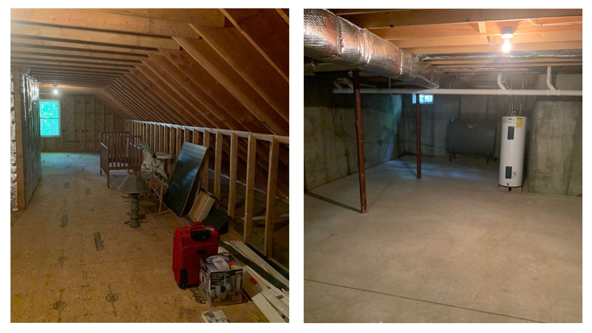 An unfinished attic space with exposed rafters and an unfinished basement with concrete floor